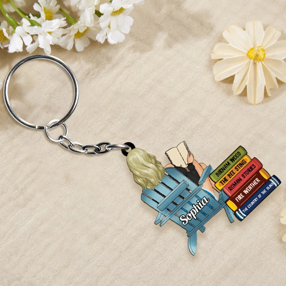Girl Reading Book - Custom Book Titles, Personalized Acrylic Keychain - Image 4