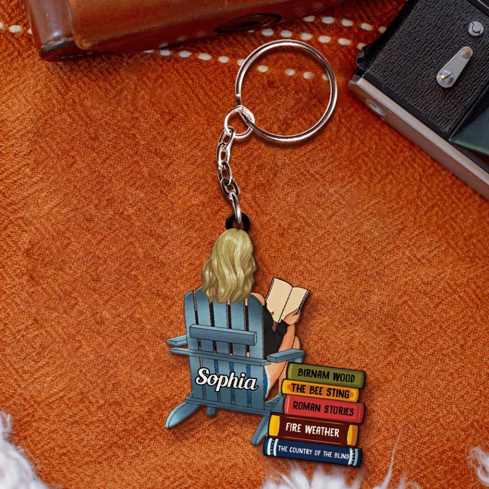 Girl Reading Book - Custom Book Titles, Personalized Acrylic Keychain - Image 5