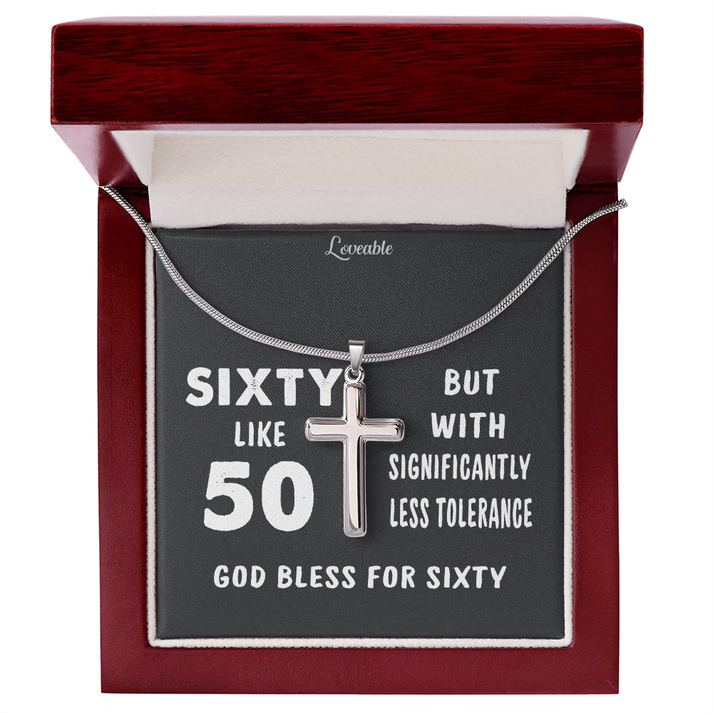 God Bless for Sixty - Stainless Steel Cross Necklace - 60th Birthday Gift for Him - Image 3