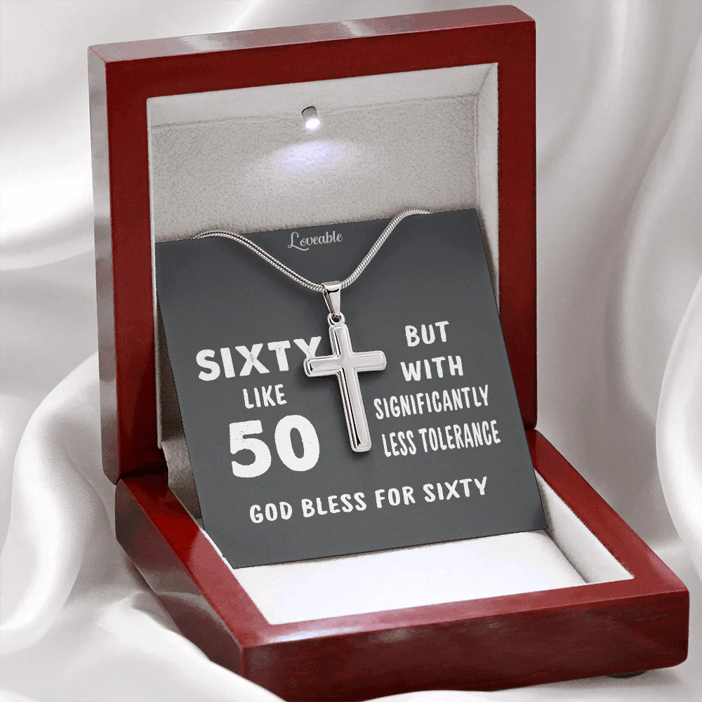 God Bless for Sixty - Stainless Steel Cross Necklace - 60th Birthday Gift for Him - Image 4