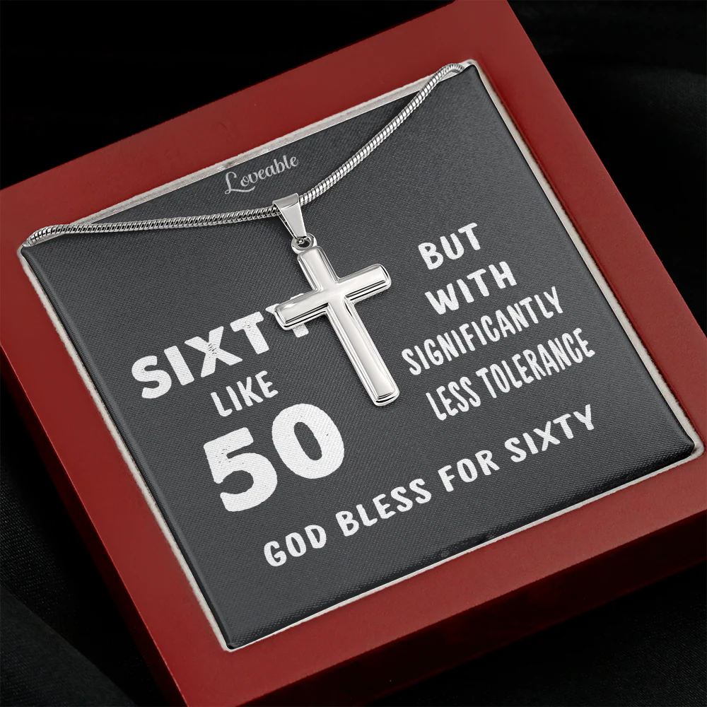 God Bless for Sixty - Stainless Steel Cross Necklace - 60th Birthday Gift for Him - Image 5