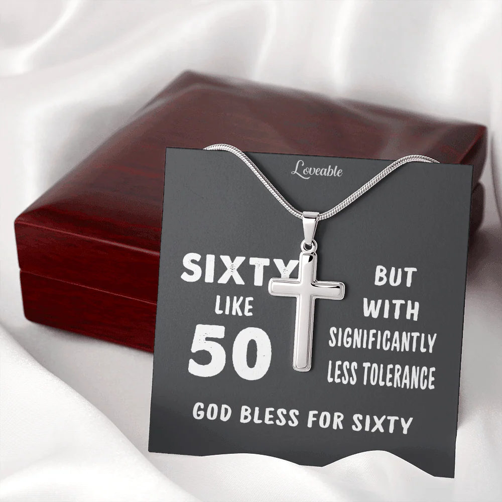 God Bless for Sixty - Stainless Steel Cross Necklace - 60th Birthday Gift for Him - Image 6