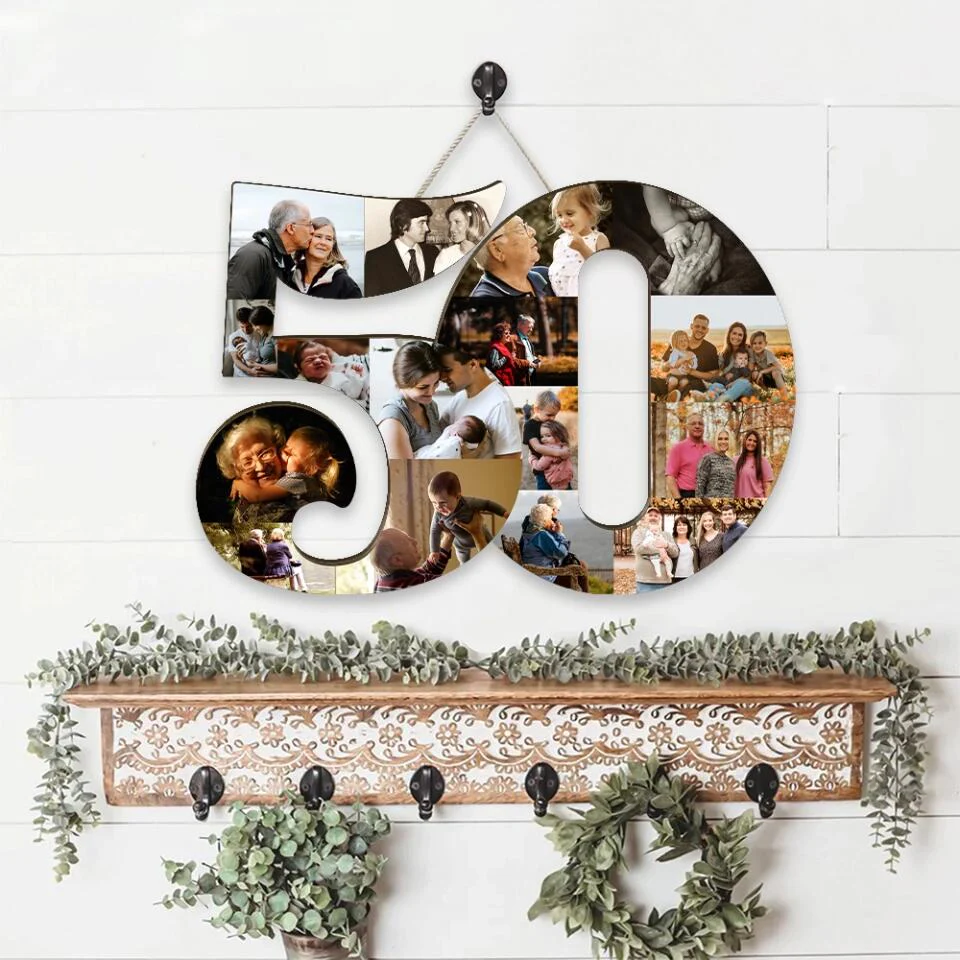 Couple Wooden Sign Golden Milestone - Custom Photo Collage Wooden Sign - Image 4