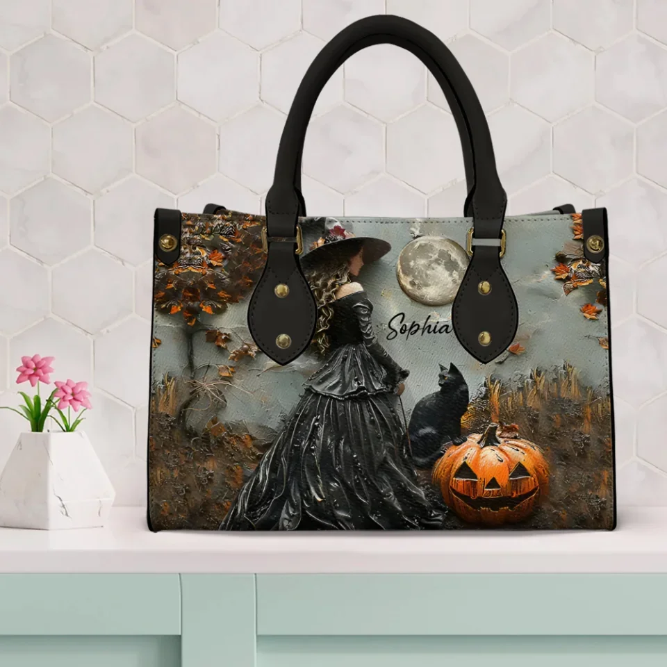 Gorgeous Witch and Black Cat- Personalized Leather Bag - Gift For With - Halloween Gifts - Image 6