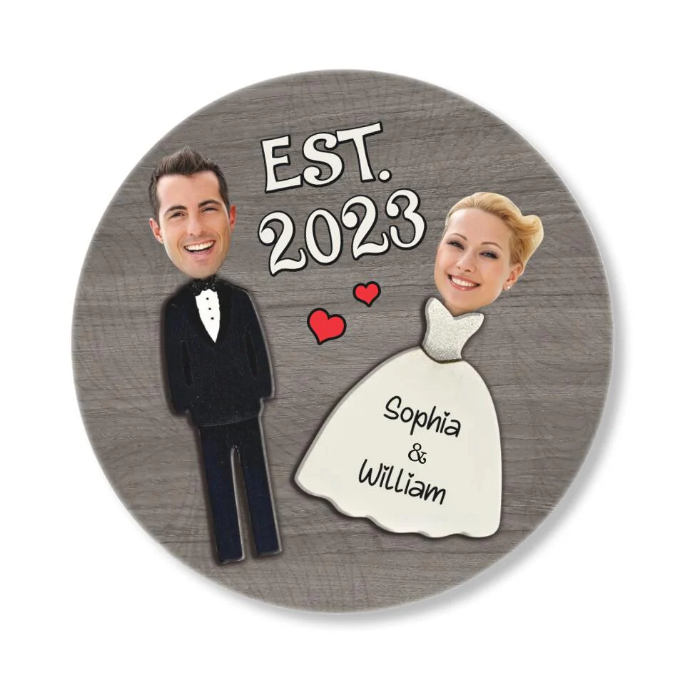 Couple Wooden Sign Groom And Bride Costume - Wedding Couple - Custom Face Upload Photo - Round Wooden Sign - Image 2