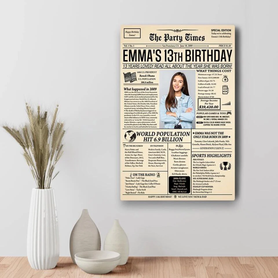 Happy 13th Birthday Newspaper Custom Canvas Poster Birthday Gift For Daughter For Son - Image 4
