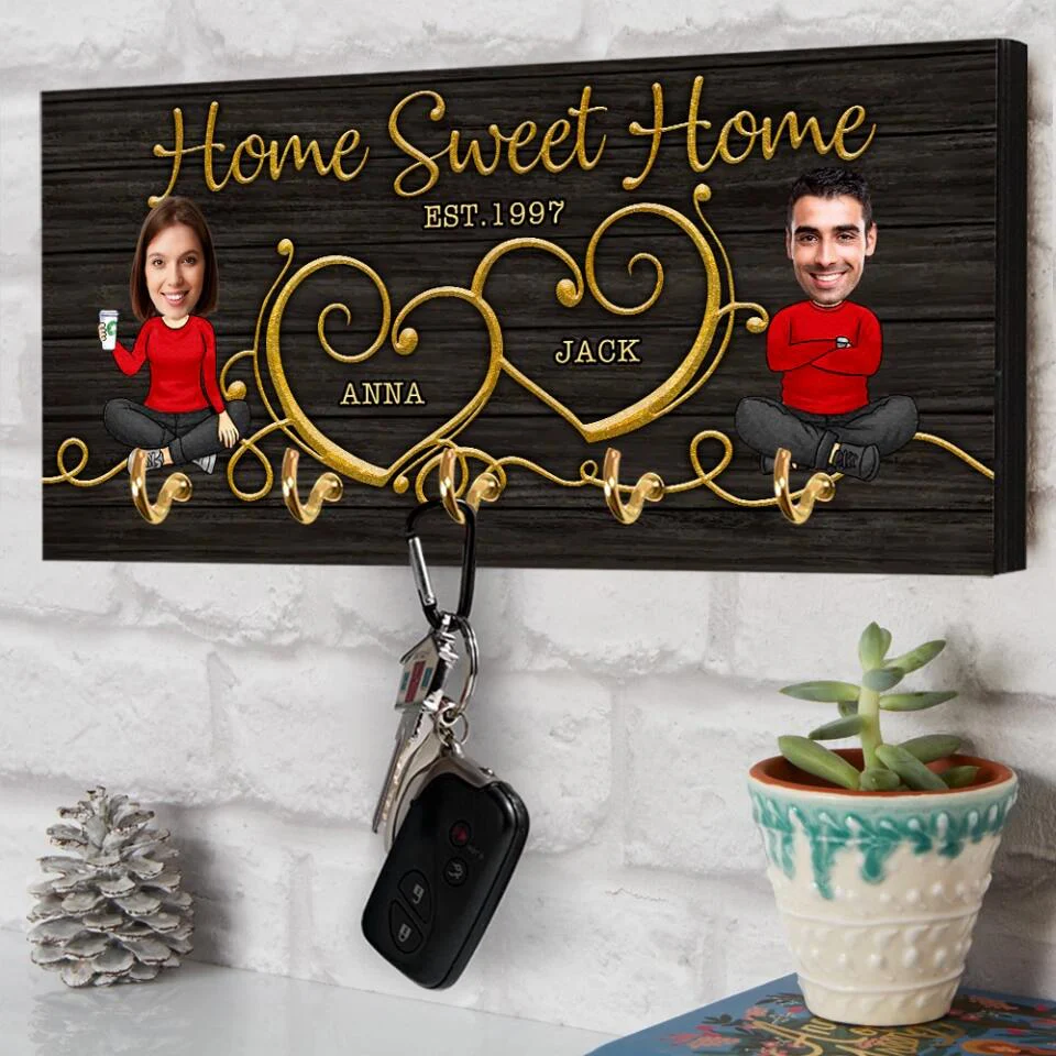 Home Sweet Home Cute Chibi Drawing Couple - Housewarming Gifts - Custom Key Holder - Wedding Gift - Image 9