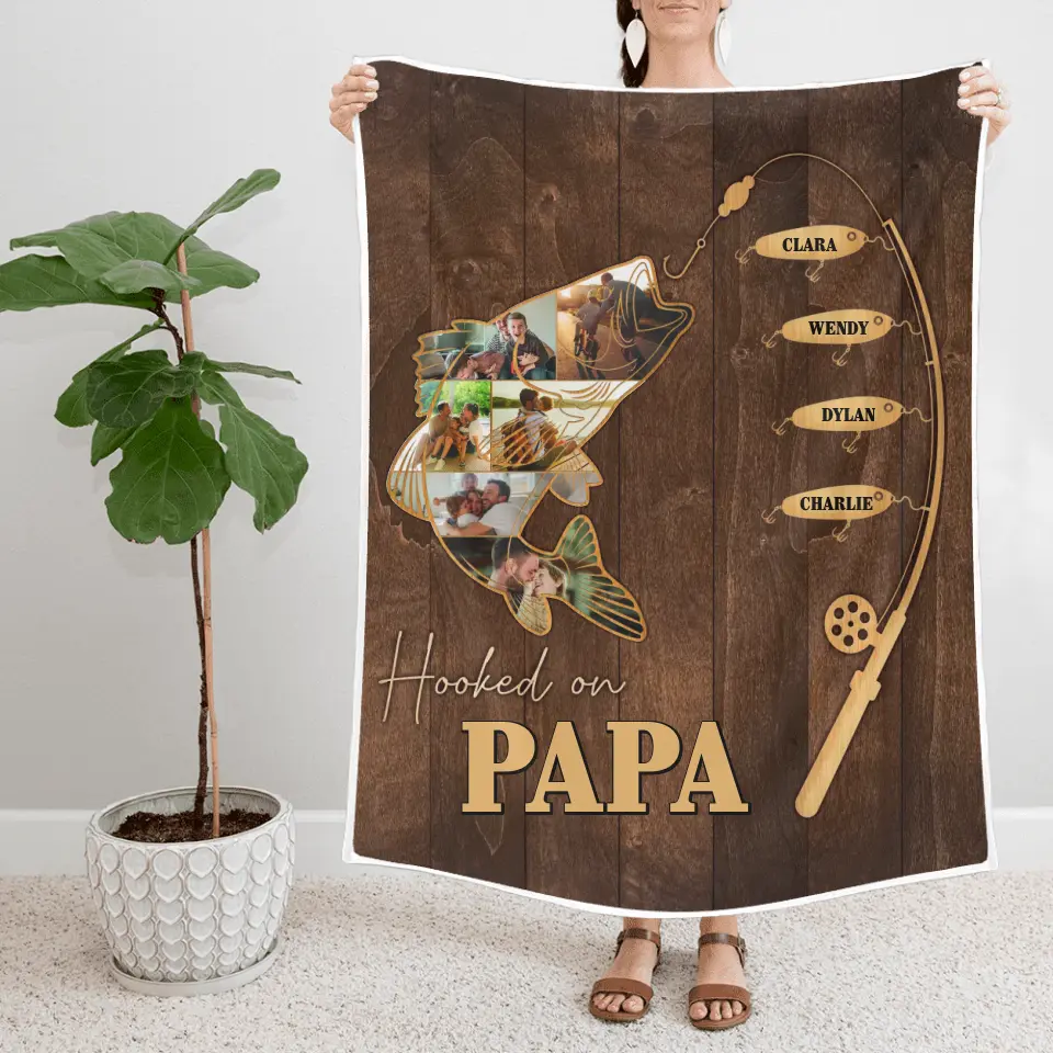 Hooked On Papa With Kids | Personalized Blanket - Image 2