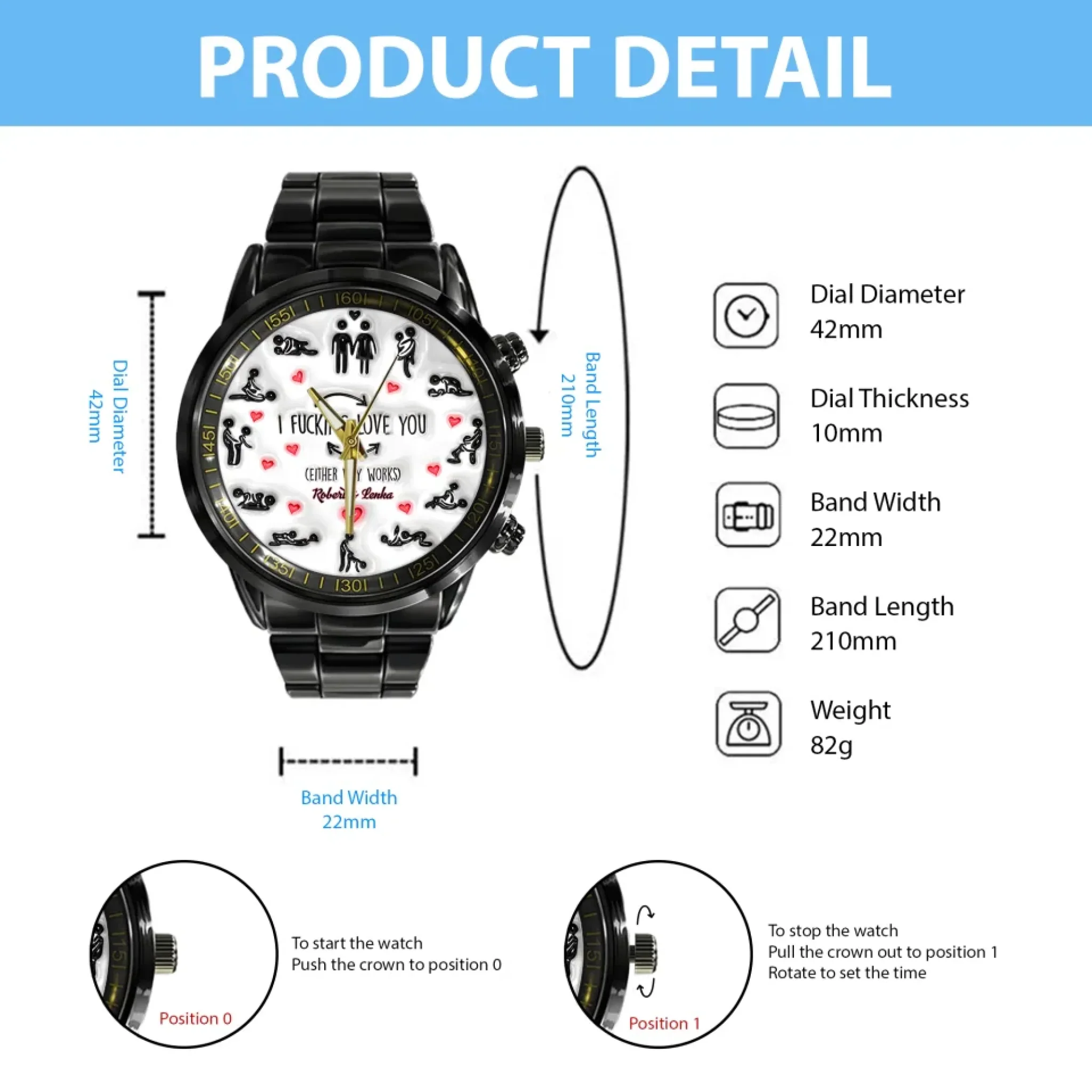 I F*cking Love You - Personalized Couple Black Stainless Steel Watch - Sexy Gift for Him - Funny Valentine Gift for Husband, Boyfriend - Image 5