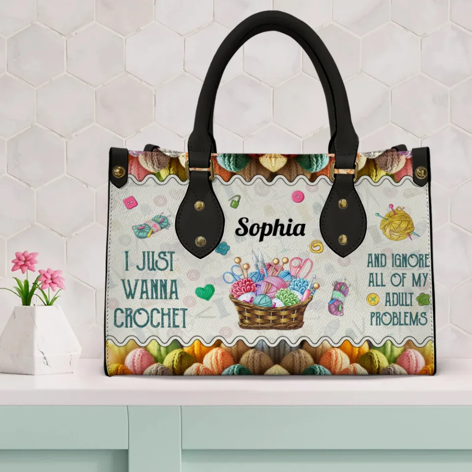 I Just Wanna Crochet - Personalized Leather Handbag - Best Gift For Crocheters | 306IHPNPLB710 - Image 2