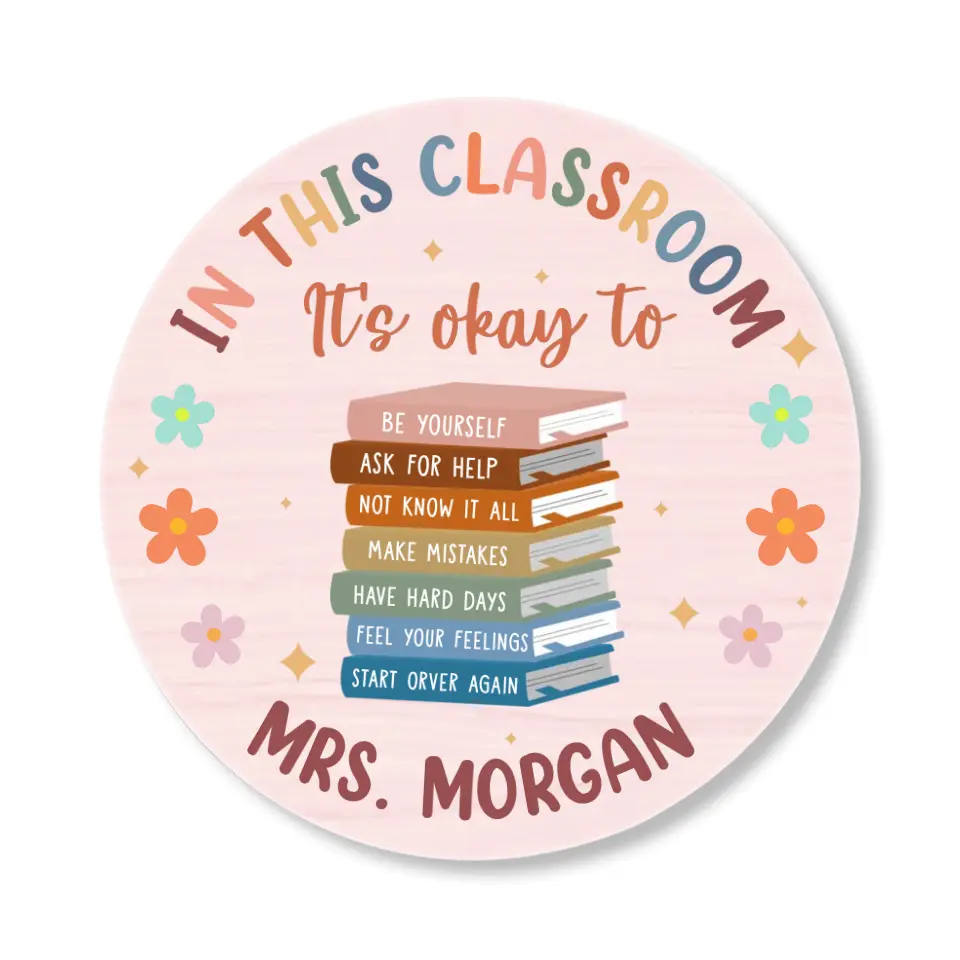 In This Classroom It's Okay to Be Yourself Ask for Help Make Mistakes Gift for Teachers Round Wooden Sign - Image 2