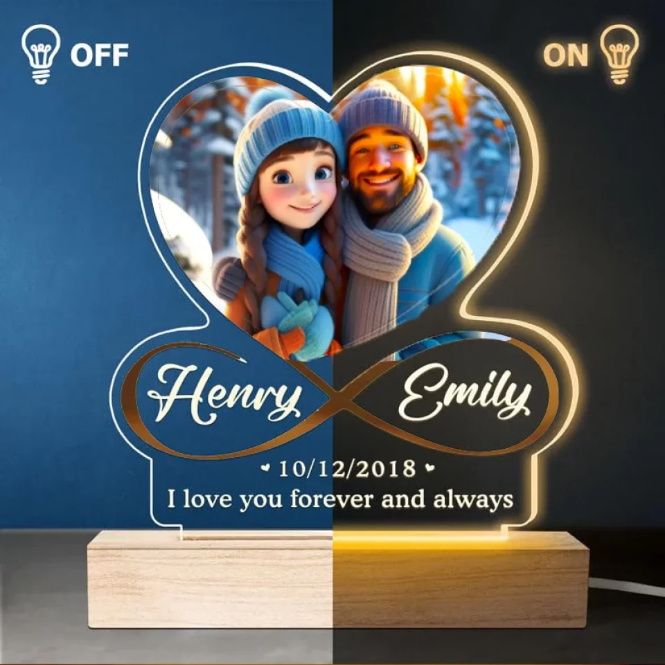 Infinite love Shaped Lamp - Personalized Photo Night Light with Wooden Base - Romantic Gift for Her, Him - Image 4