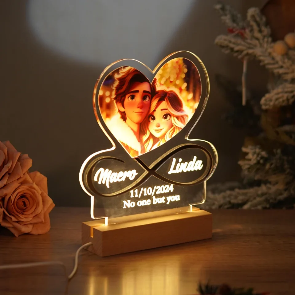 Infinite love Shaped Lamp - Personalized Photo Night Light with Wooden Base - Romantic Gift for Her, Him - Image 5