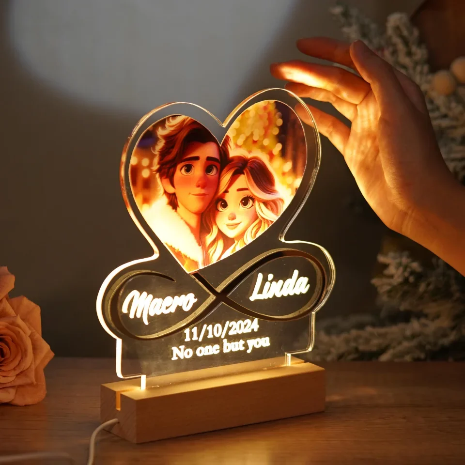 Infinite love Shaped Lamp - Personalized Photo Night Light with Wooden Base - Romantic Gift for Her, Him - Image 6