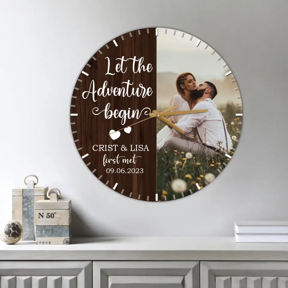 Couple Wooden Sign Let The Adventure Begin - Wall Clock - Gift For Couples On Anniversary, Wedding - Image 4