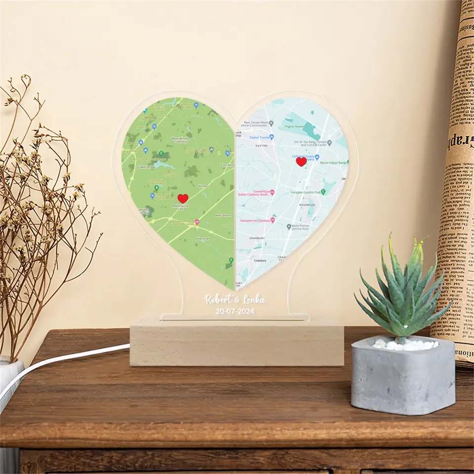 Long Distance Love Custom Map Led Light Wooden Base - Image 5