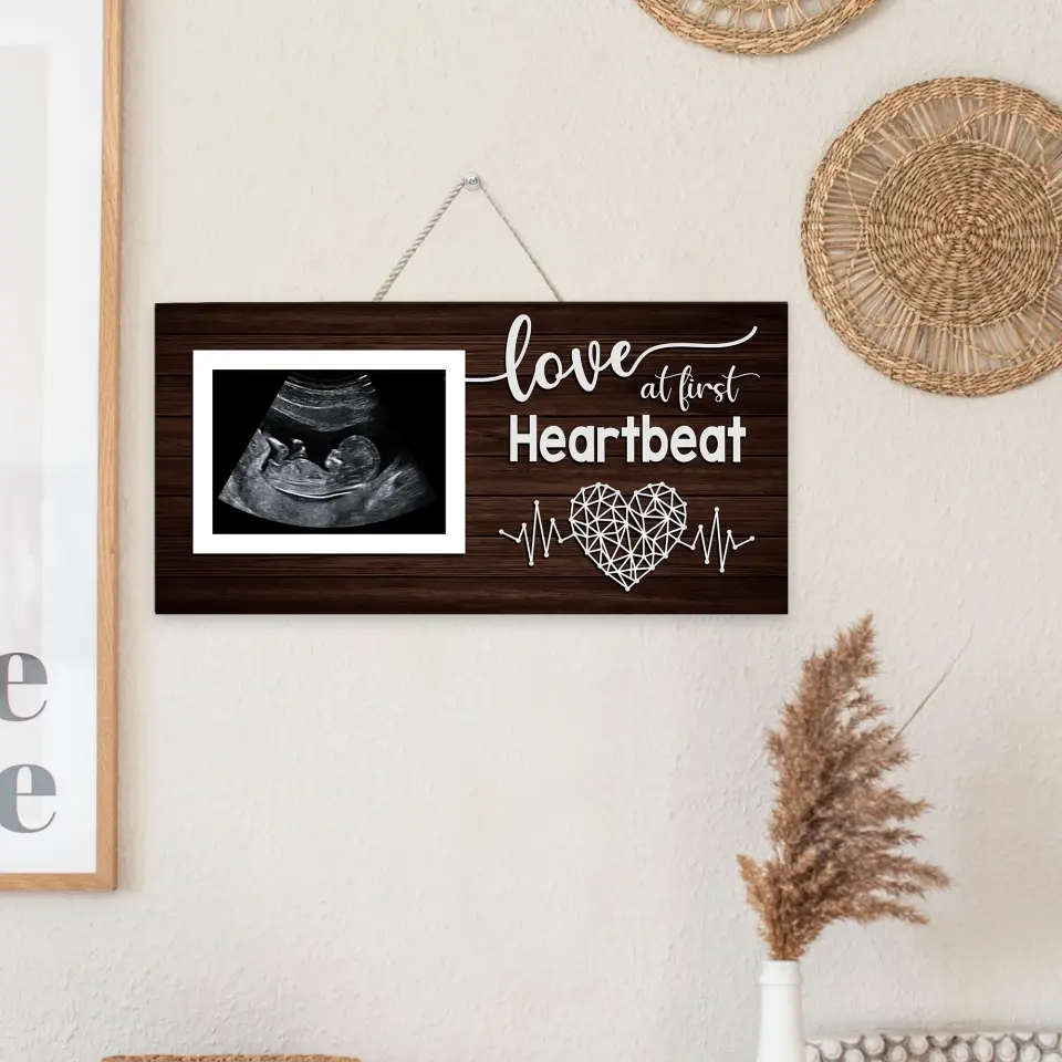 Love At First Heartbeat Upload Photo Rectangle Wooden Sign - Image 3