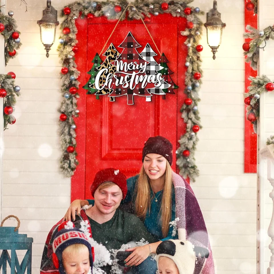 Merry Christmas Door Sign - Buffalo Plaid Tree Wood Decor - Farmhouse Hanging Plaque for Porch - Xmas Front Outdoor - Holiday Home Decor