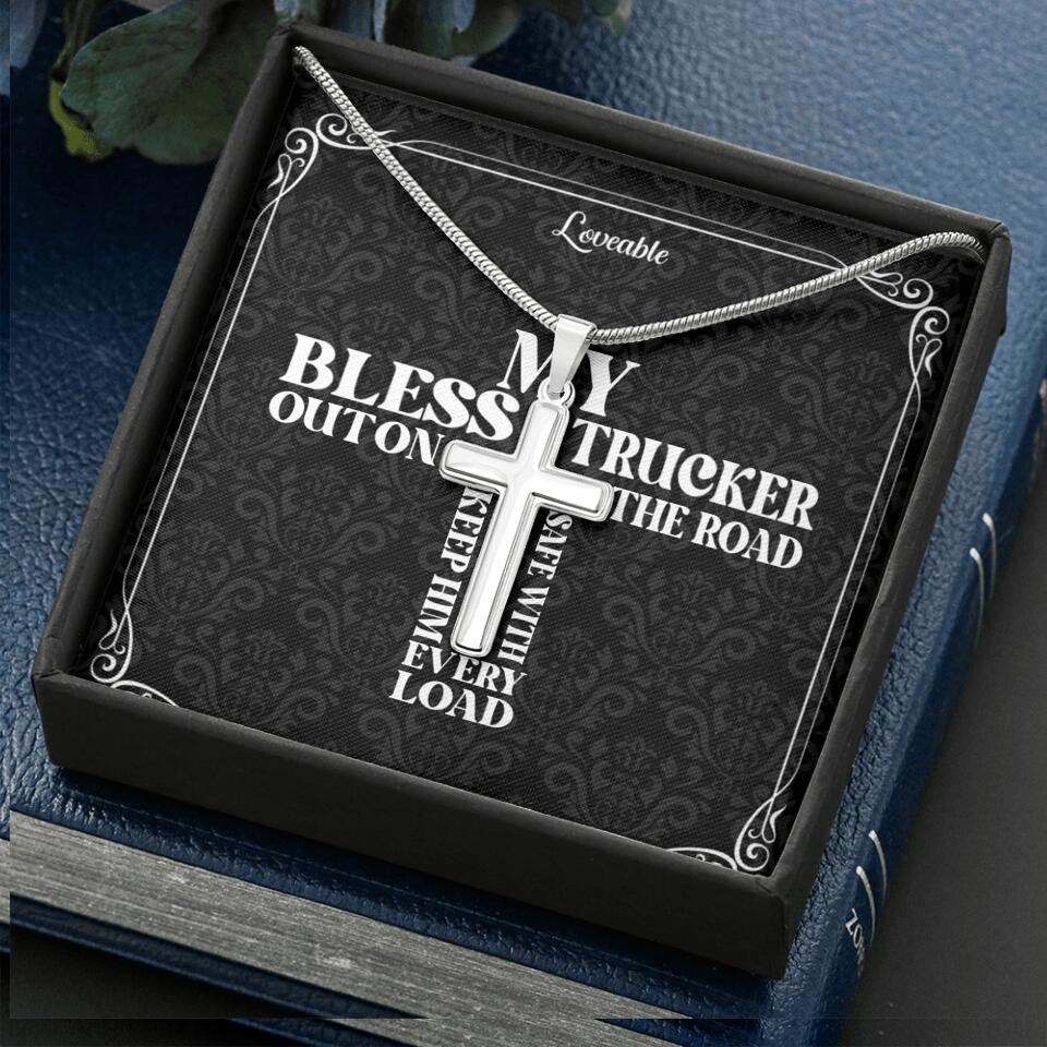 My Bless Trucker Out on the Road Personalized Stainless Cross Necklace - Image 3