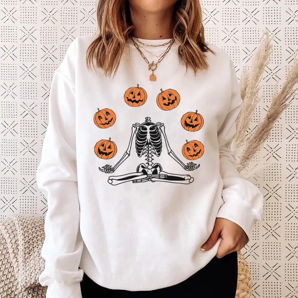 Namaste Pumpkin Skeleton Spooky Shirt - Standard Crew Neck Sweatshirt - Halloween Gift | 307IHPBNTS897 - Image 5
