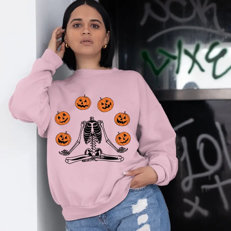 Namaste Pumpkin Skeleton Spooky Shirt - Standard Crew Neck Sweatshirt - Halloween Gift | 307IHPBNTS897 - Image 7