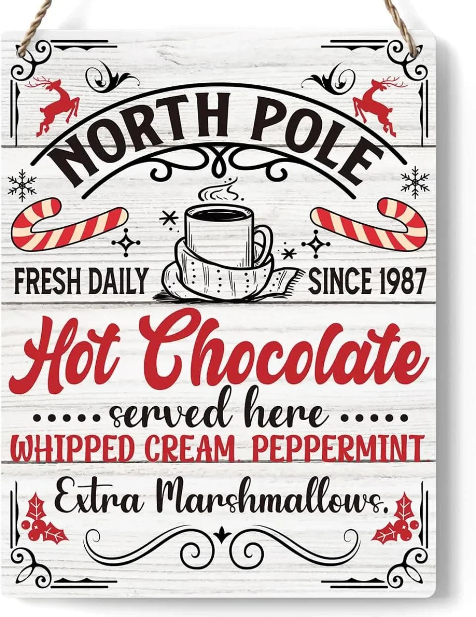 North Pole Hot Chocolate Served Here Wooden Hanging Sign - Farmhouse Christmas Vibes Decorations - Rustic Plaque for Home Kitchen