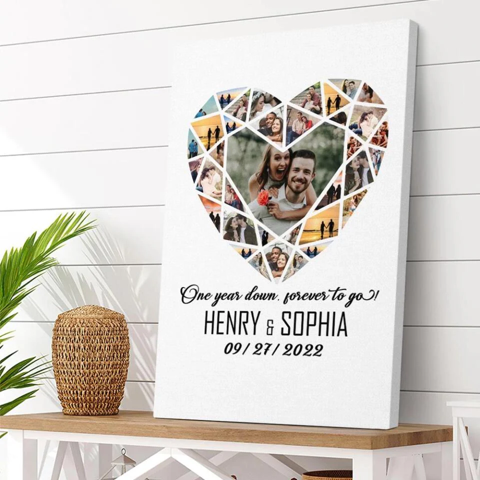 Personalized Valentine Gifts - One Year Down Forever To Go Photo Collage Custom Canvas Poster Anniversary Gift For Couples - Image 3