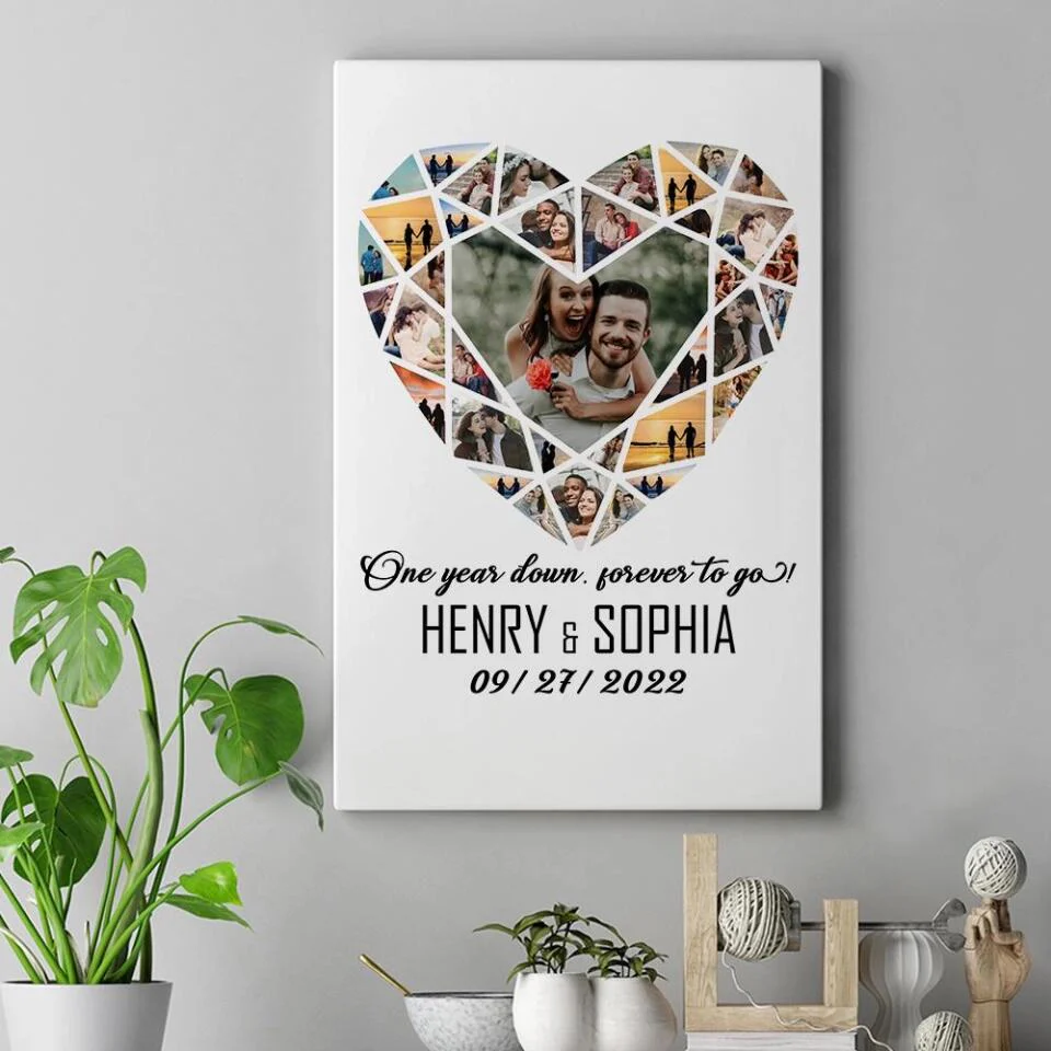 Personalized Valentine Gifts - One Year Down Forever To Go Photo Collage Custom Canvas Poster Anniversary Gift For Couples - Image 4
