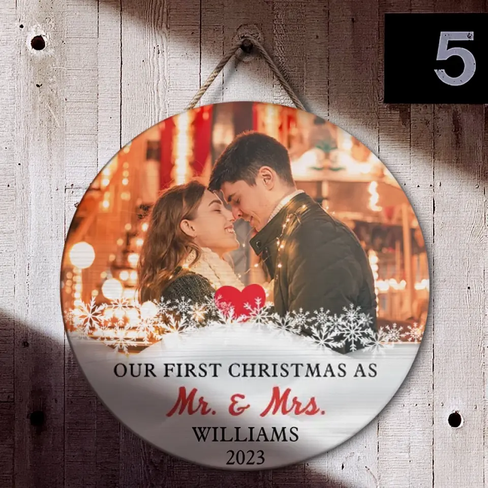 Couple Wooden Sign Our First Christmas Together As Mr Mrs Personalized Round Wood Sign - Image 5