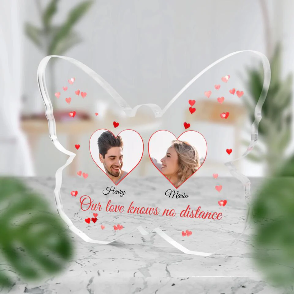Our Love Knows No Distance - Personalized Butterfly Acrylic Plaque - Long Distance Gift For Couples - Image 2