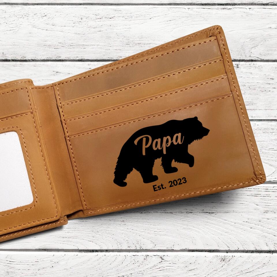 Papa Bear Est, New Dad, First Father's Day Gift for Papa, Engraved Leather Wallet, Money Holder - Image 3