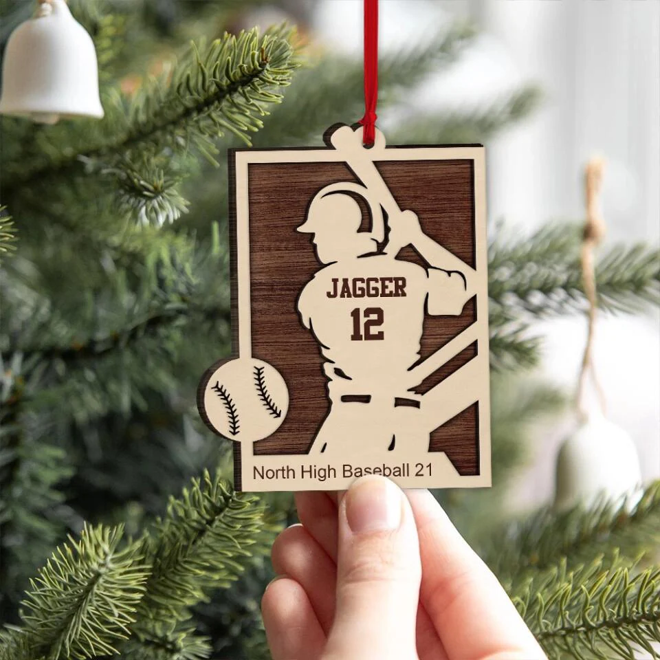 Personalized Baseball Player Name & Shirt's Number 2 Layered Wooden Ornament - Image 8