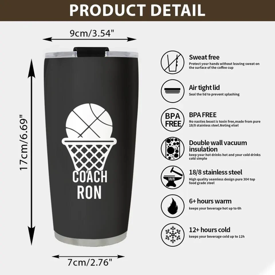 Personalized Basketball Coach Stainless Steel Tumbler - Appreciation Gift for Basketball Coach - Image 4