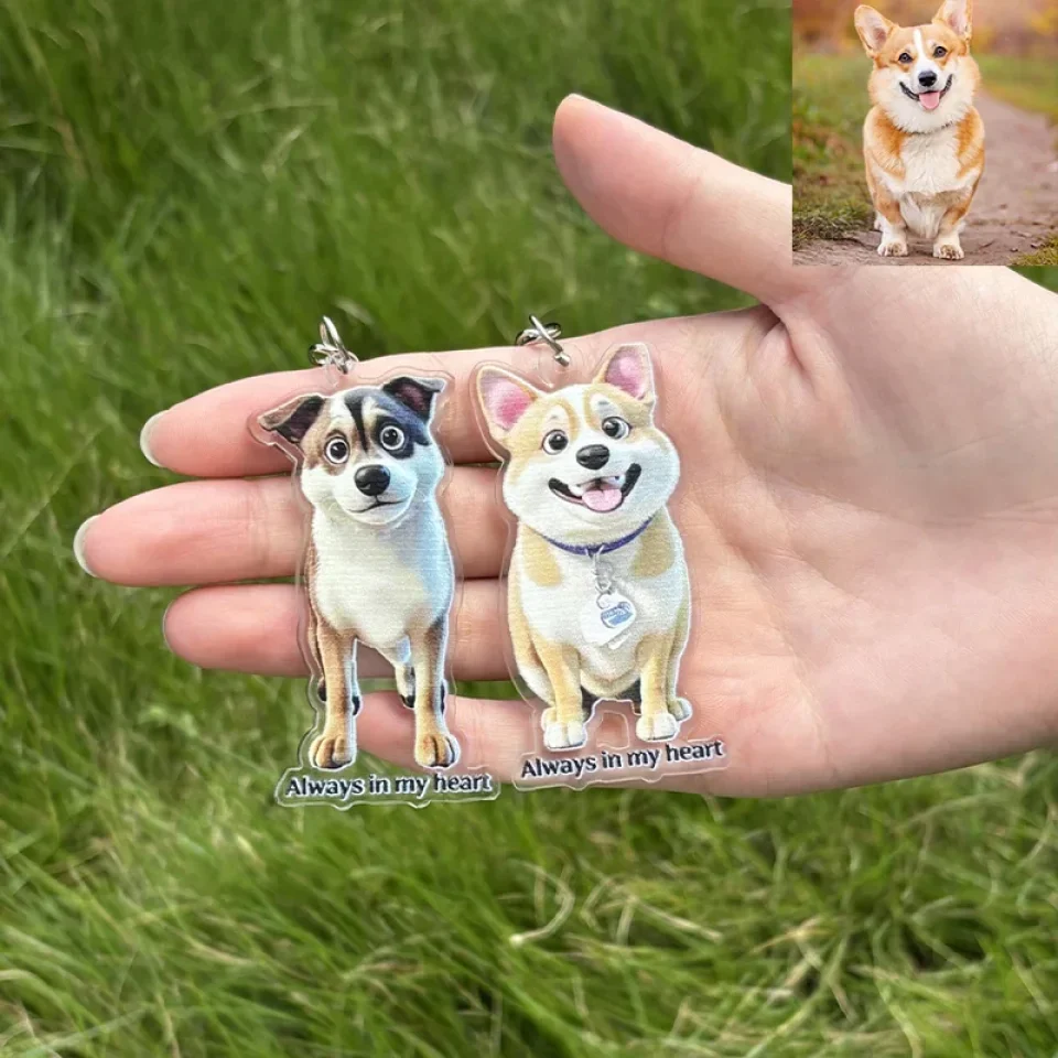 Personalized Cartoon Style Pet Photo Keychain - Custom Upload Image Acrylic Keychain - Gift for Pet, Dog, Cat Lovers