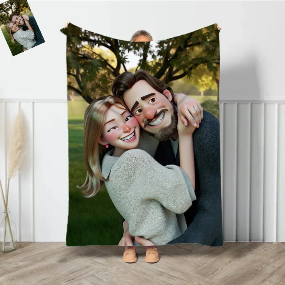 Personalized Cartoon Style Photo - Custom Upload Photo Al - Fleece Blanket - Gift for Couples