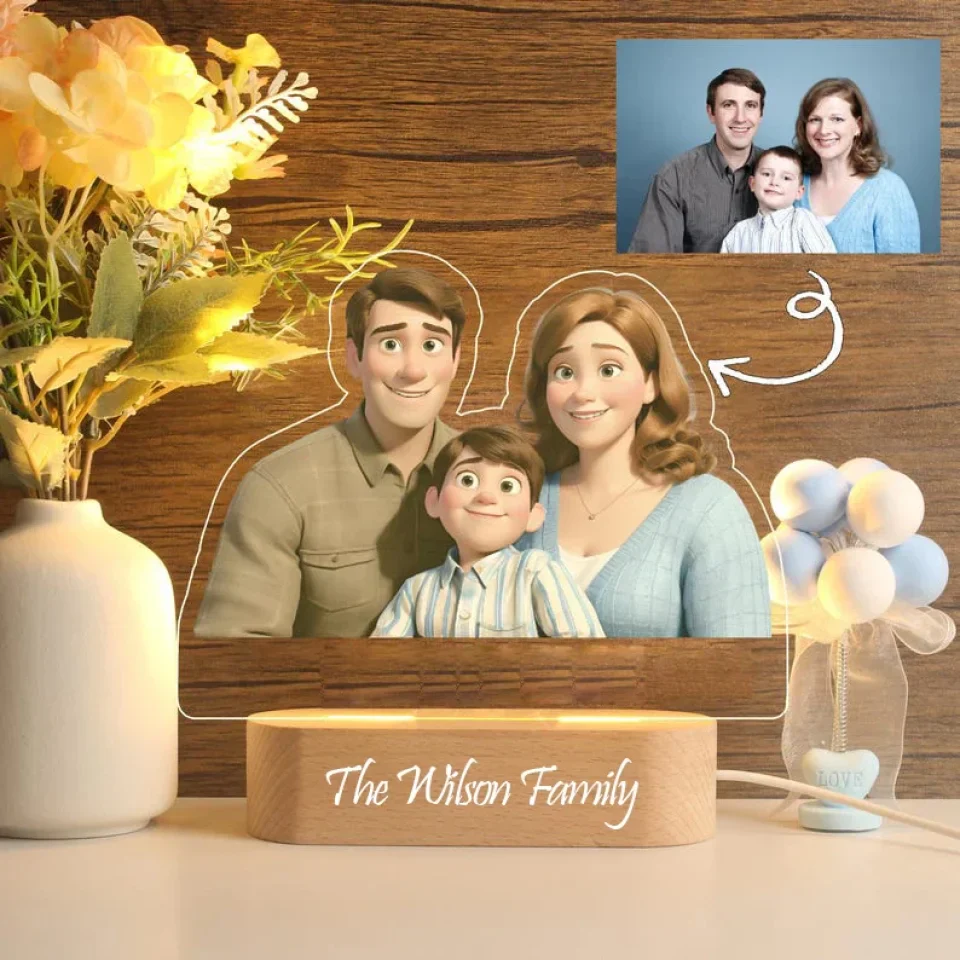 Personalized Couple Photo Cartoon Style - Custom Mr & Mrs Lamp - Night Light with Wooden Base - Best Gift for Couples - Image 3