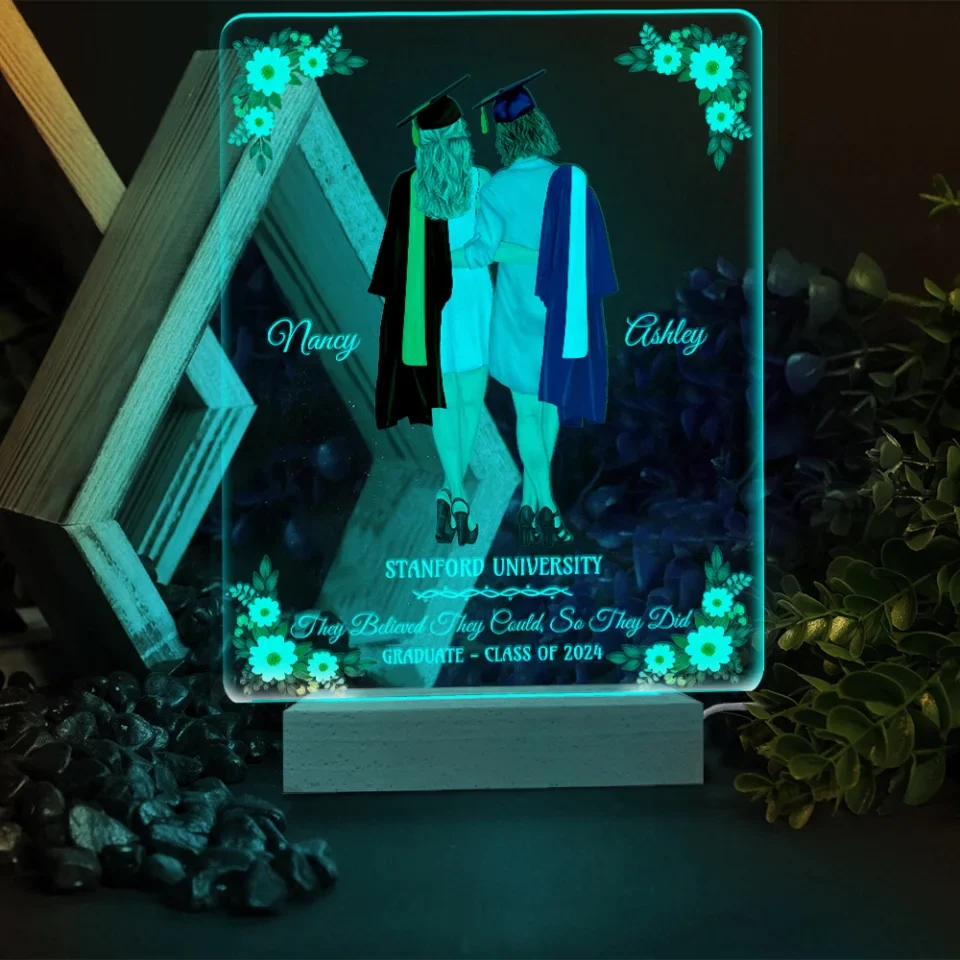 Personalized Graduation Gifts For Female Friends, Adult Twins - Light with Wooden Base - Image 4