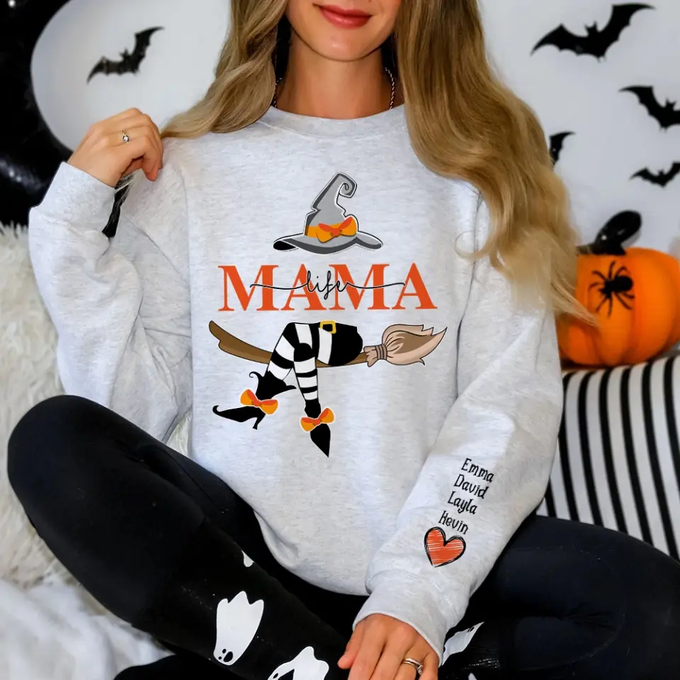 Personalized Mom/Grandma Life With Grandkids Name On The Sleeve Halloween Sweatshirt - Image 6