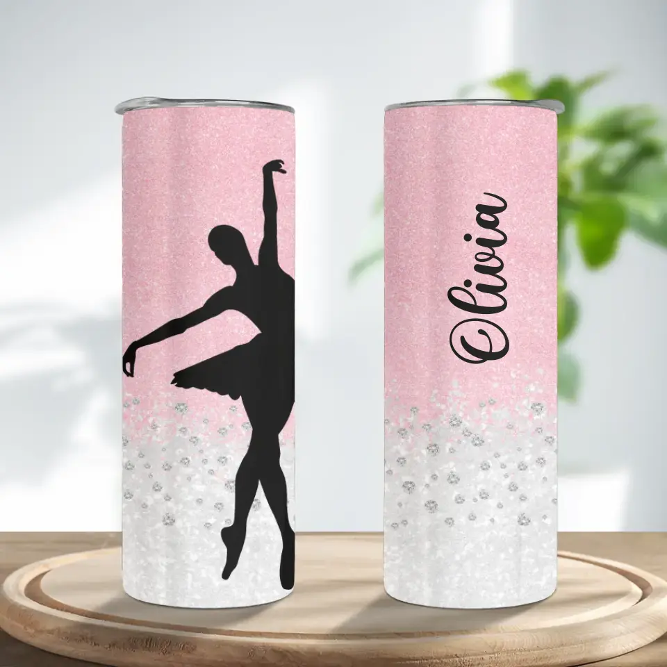 Personalized Name 20oz Skinny Tumbler for Dancers Pink Twinkle Background - Image 2