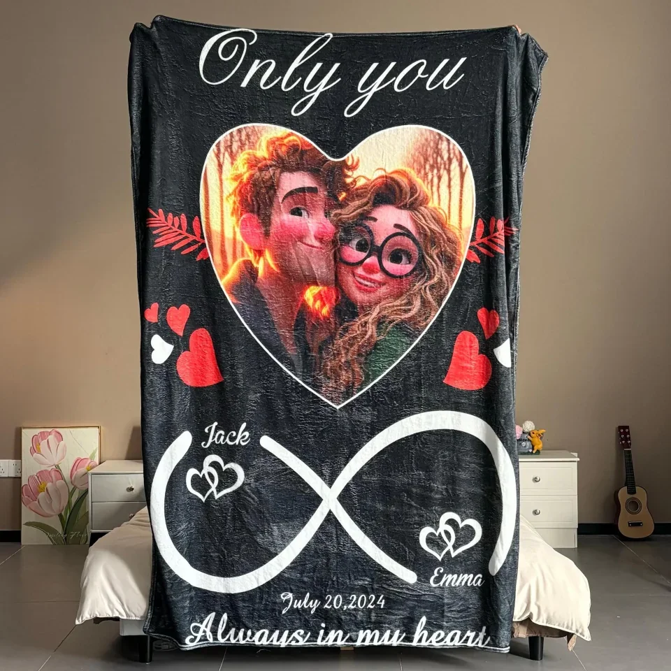 Personalized Valentine Gifts - Personalized Unlimited Love Couples Cartoon Blanket - Anniversary, Wedding Gift for Couples - Custom Fleece Blanket