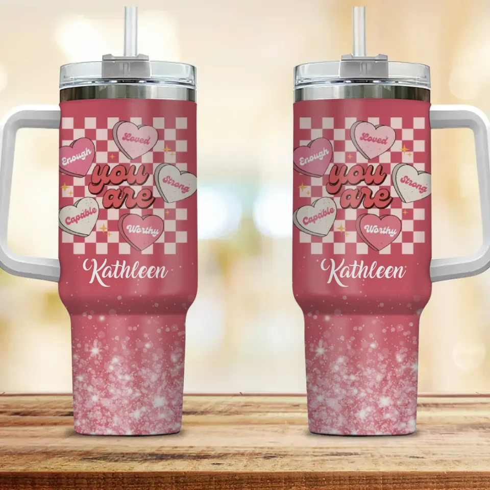 Personalized Valentine Gifts - Pink Valentine Background - 40oz Tumbler with Handle - Y2K Hearts - Sweet Gifts for Her - Image 2