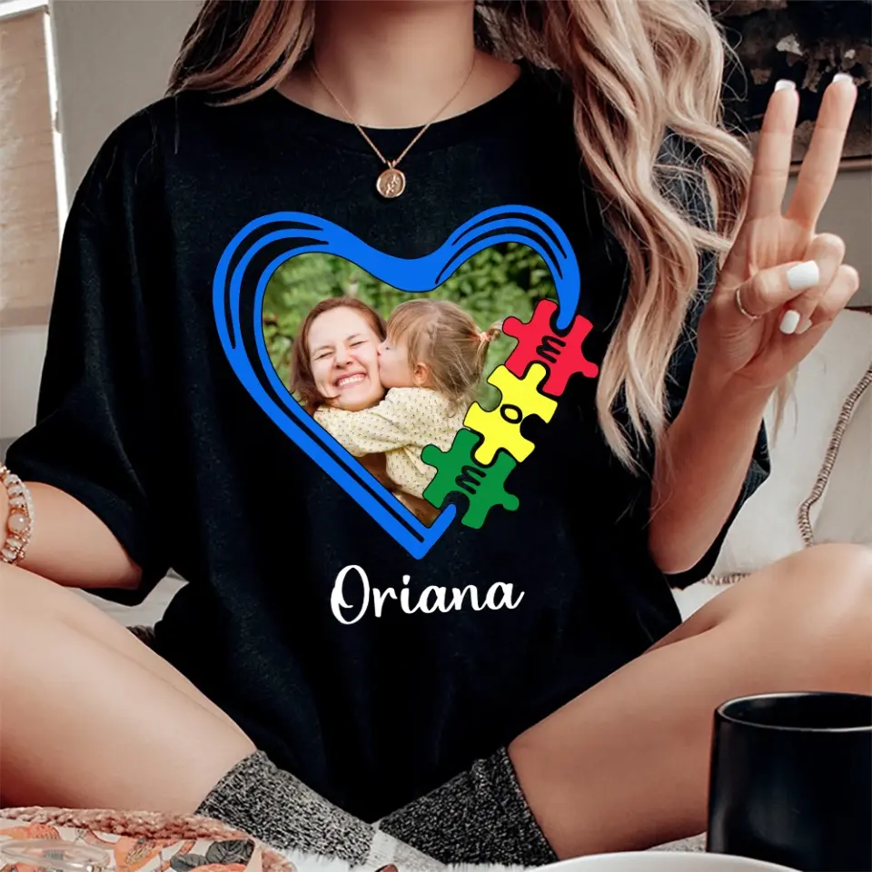 Puzzle Autism Mom Upload Photo Shirt - Image 3