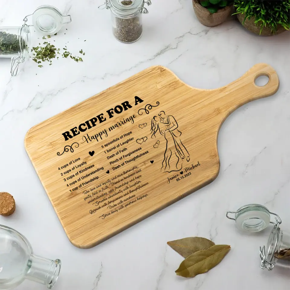 Recipe For A Happy Marriage - Custom Wood Cutting Board - Wedding, Anniversary Gift for Couples - Kitchen Decor - Image 2