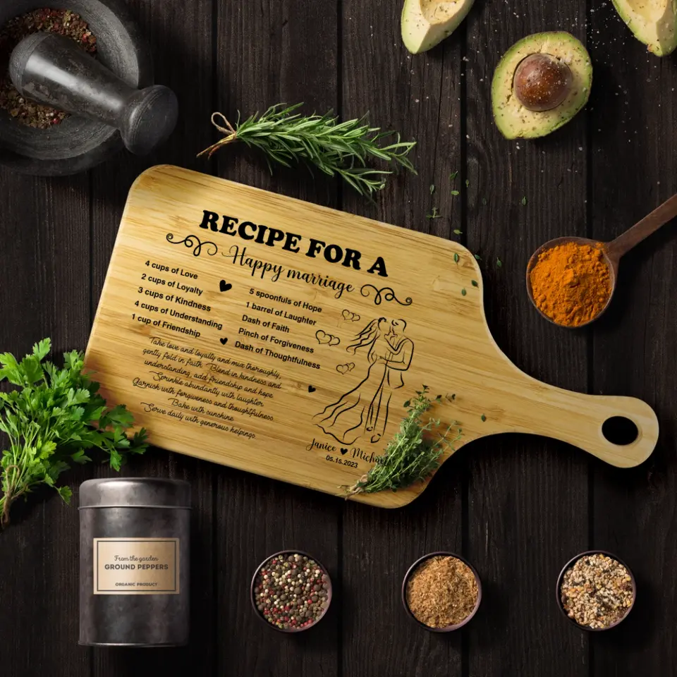 Recipe For A Happy Marriage - Custom Wood Cutting Board - Wedding, Anniversary Gift for Couples - Kitchen Decor - Image 3
