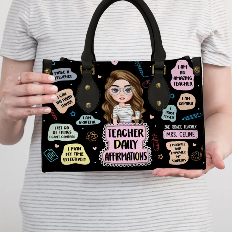 Teacher Daily Affirmations - Personalized Teacher's Figure - Custom Leather Handbag - Awesome Gift for Your Teachers - Image 3