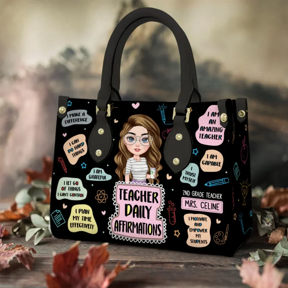 Teacher Daily Affirmations - Personalized Teacher's Figure - Custom Leather Handbag - Awesome Gift for Your Teachers - Image 5