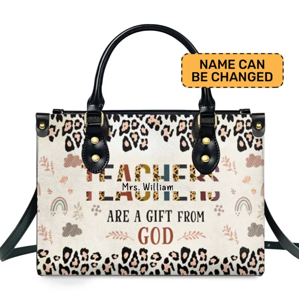 Teachers Are Gifts from God Leopard Rainbow - Personalized Leather Handbag - Best Gift for Female Teachers