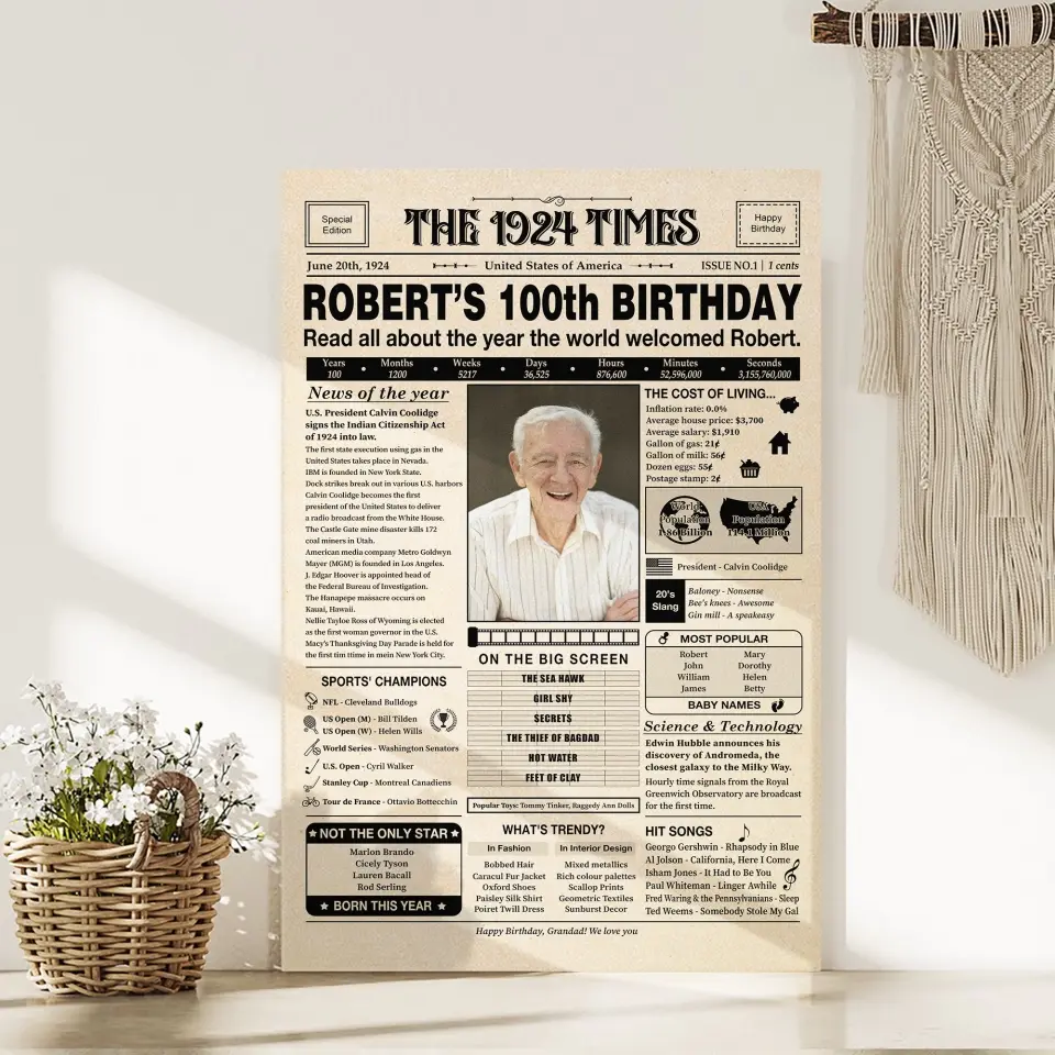The 1924 Times Happy 100th Birthday Personalized Canvas And Poster - Image 11