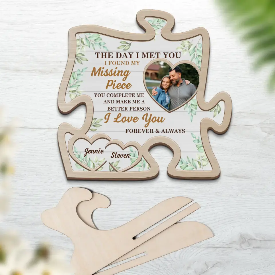 Couple Wooden Sign Personalized Valentine Gifts - The Day I Met You I Found My Missing Piece - Personalized Puzzle-shaped 2 Layer Wooden Sign - Home Decor Gift for Couples - Image 2