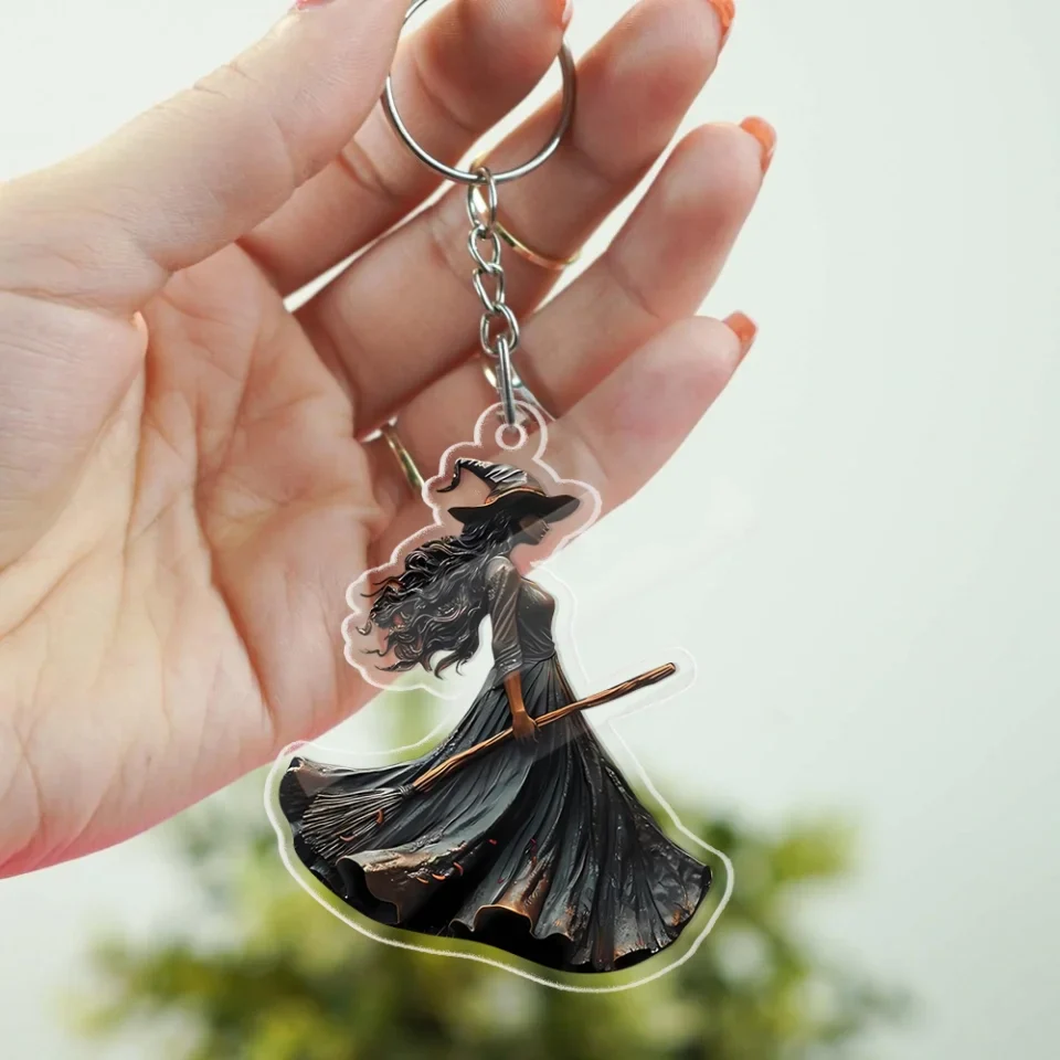 The Witch and Her Broom - Transparent Acrylic Keychain - Gift For Witch Halloween